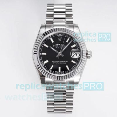 GS Factory Swiss Clone Rolex Datejust President 31mm Watch Stainless Steel Black Dial 